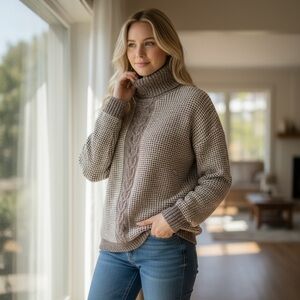 SPANNER Cotton Knit Turtleneck Sweater - Brown/tan/cream